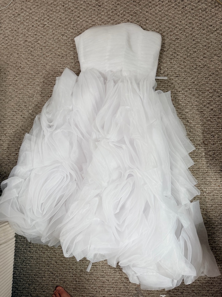 Strapless White Ruffled 3d Flower Tulle Midi Dress
